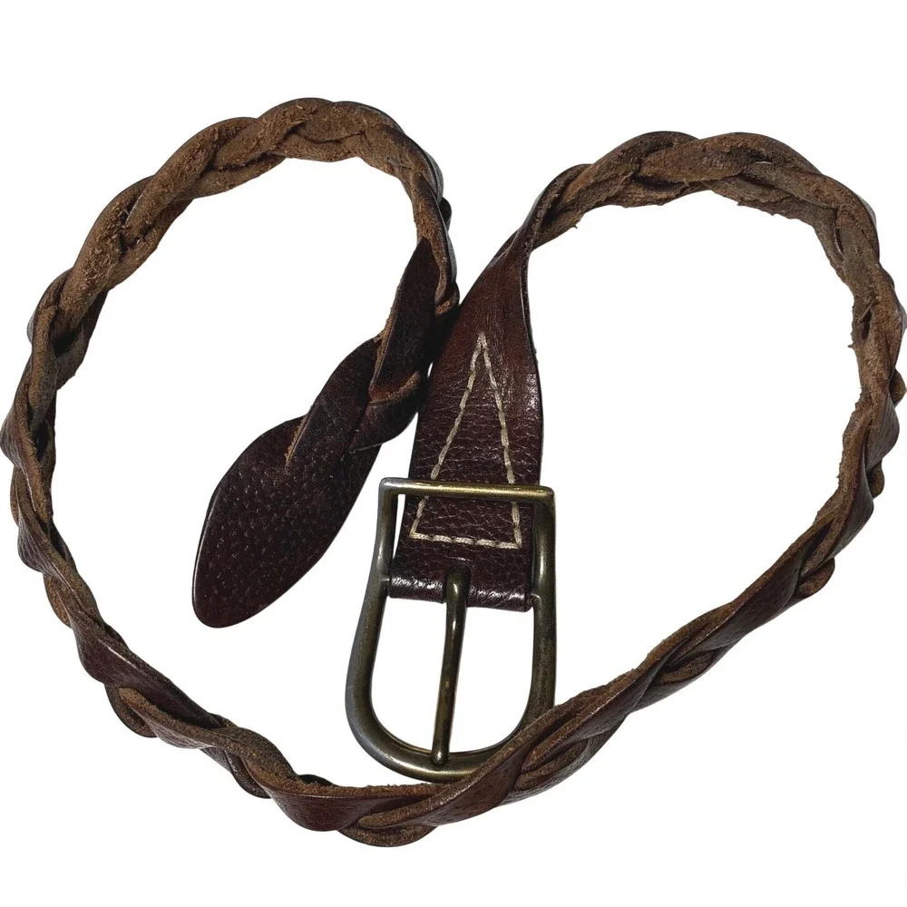 Men Braided Woven Leather Belt Brown Antique Brass Buckle Boho Western 32 34